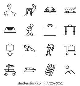 Thin line icon set : car pointer, greate wall, dome house, bus, taxi, tourist, suitcase, baggage get, arrival, palm, trolley, transfer, yacht, inflatable mattress, landscape
