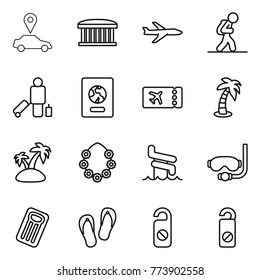 Thin line icon set : car pointer, airport building, plane, tourist, passenger, passport, ticket, palm, island, hawaiian wreath, aquapark, diving mask, inflatable mattress, flip flops, do not distrub