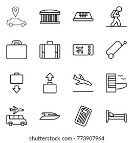 Thin line icon set : car pointer, airport building, taxi, tourist, suitcase, ticket, baggage get, arrival, hotel, transfer, yacht, inflatable mattress, bed