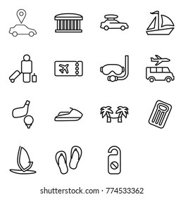 Thin line icon set : car pointer, airport building, baggage, sail boat, passenger, ticket, diving mask, transfer, golf, jet ski, palm hammock, inflatable mattress, windsurfing, flip flops