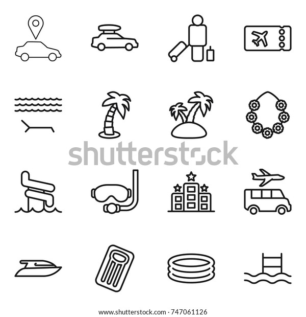 thin line icon
set : car pointer, baggage, passenger, ticket, lounger, palm,
island, hawaiian wreath, aquapark, diving mask, hotel, transfer,
yacht, inflatable mattress,
pool