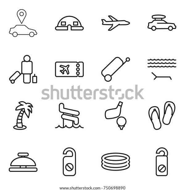 thin line\
icon set : car pointer, dome house, plane, baggage, passenger,\
ticket, suitcase, lounger, palm, aquapark, golf, flip flops,\
service bell, do not distrub, inflatable\
pool