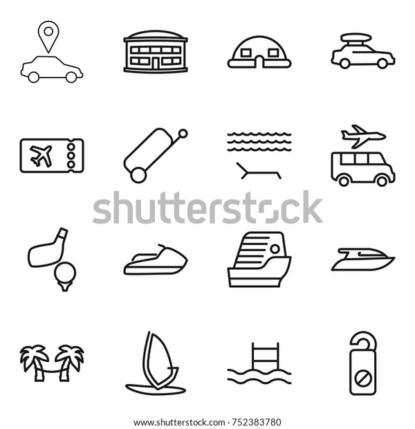 thin line icon set : car pointer, airport
building, dome house, baggage, ticket, suitcase, lounger, transfer,
golf, jet ski, cruise ship, yacht, palm hammock, windsurfing, pool,
do not distrub