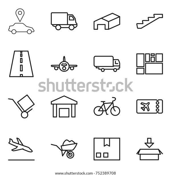 thin line icon set : car\
pointer, delivery, warehouse, stairs, road, plane, shipping,\
consolidated cargo, trolley, bike, ticket, arrival, wheelbarrow,\
package