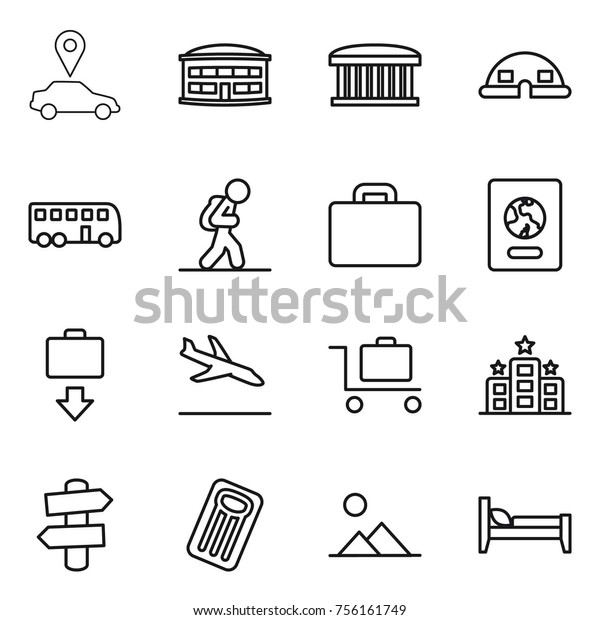 Thin line
icon set : car pointer, airport building, dome house, bus, tourist,
suitcase, passport, baggage get, arrival, trolley, hotel, signpost,
inflatable mattress, landscape,
bed