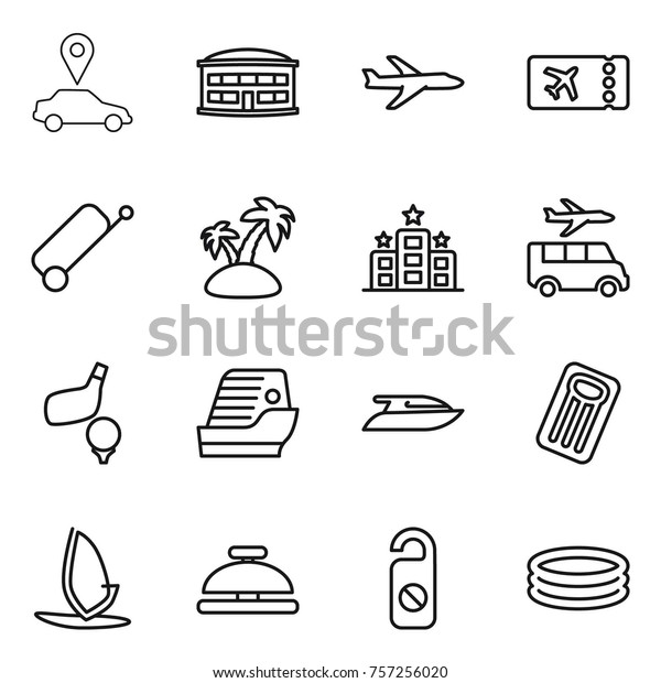 Thin line icon set : car pointer, airport building,\
plane, ticket, suitcase, island, hotel, transfer, golf, cruise\
ship, yacht, inflatable mattress, windsurfing, service bell, do not\
distrub, pool