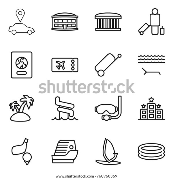 Thin line\
icon set : car pointer, airport building, passenger, passport,\
ticket, suitcase, lounger, island, aquapark, diving mask, hotel,\
golf, cruise ship, windsurfing, inflatable\
pool