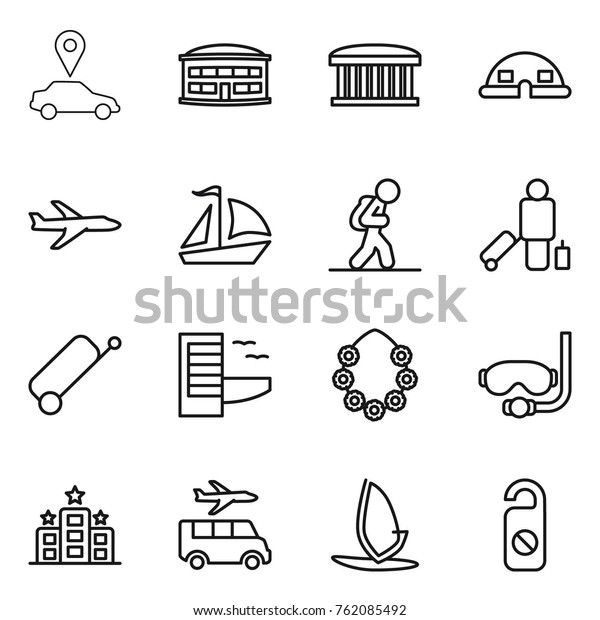 Thin\
line icon set : car pointer, airport building, dome house, plane,\
sail boat, tourist, passenger, suitcase, hotel, hawaiian wreath,\
diving mask, transfer, windsurfing, do not\
distrub