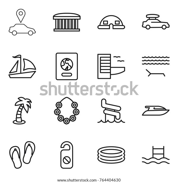 Thin line icon set : car pointer, airport building,\
dome house, baggage, sail boat, passport, hotel, lounger, palm,\
hawaiian wreath, aquapark, yacht, flip flops, do not distrub,\
inflatable pool