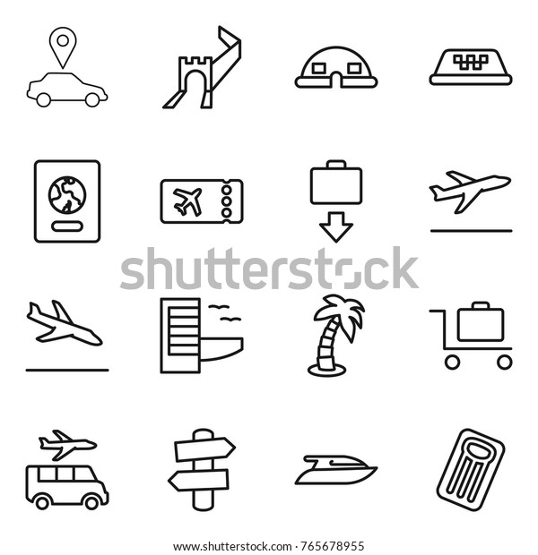 Thin line icon set : car pointer, greate wall,\
dome house, taxi, passport, ticket, baggage get, departure,\
arrival, hotel, palm, trolley, transfer, signpost, yacht,\
inflatable mattress
