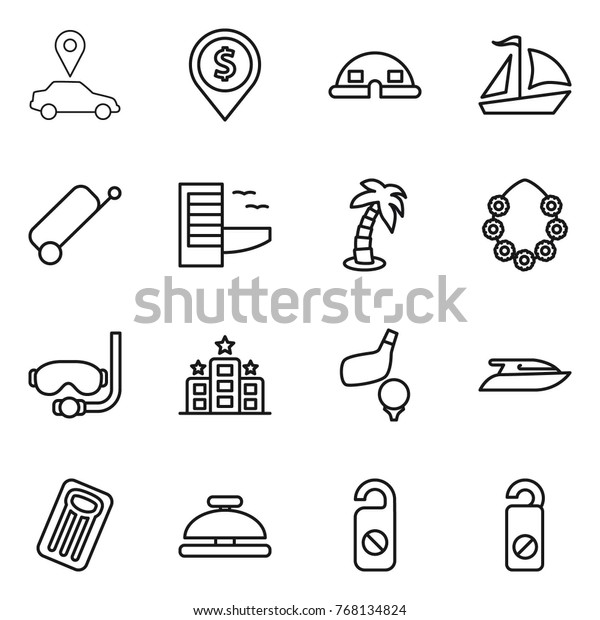 Thin
line icon set : car pointer, dollar pin, dome house, sail boat,
suitcase, hotel, palm, hawaiian wreath, diving mask, golf, yacht,
inflatable mattress, service bell, do not
distrub