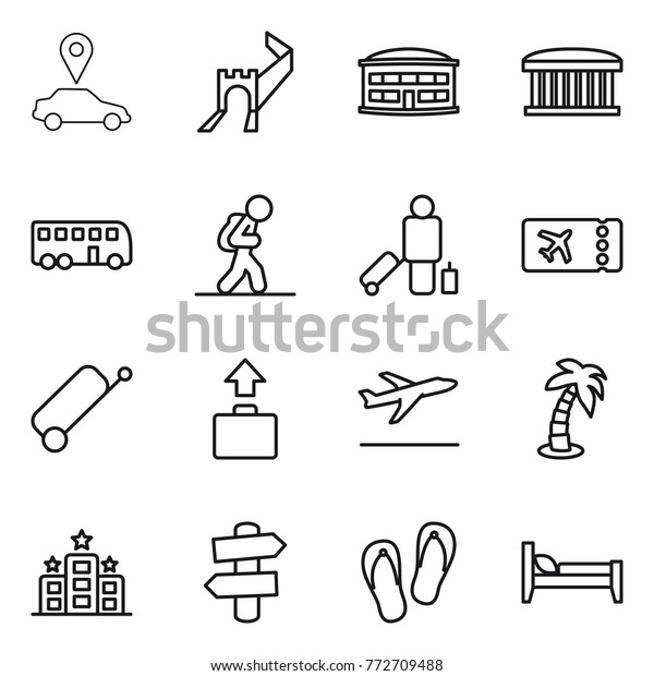 Thin line icon set : car\
pointer, greate wall, airport building, bus, tourist, passenger,\
ticket, suitcase, baggage, departure, palm, hotel, signpost, flip\
flops, bed