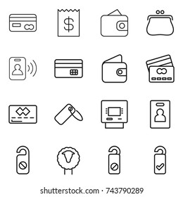 thin line icon set : card, receipt, wallet, purse, pass, credit, label, atm, identity, do not distrub, sheep, please clean