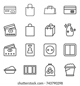 thin line icon set : card, shopping bag, credit, cleanser, identity, power socket, switch, washing, window, garbage, foam bucket