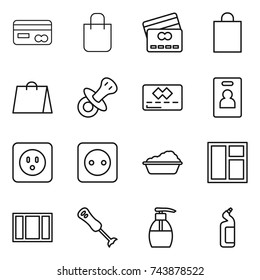 thin line icon set : card, shopping bag, credit, nipple, identity, power socket, washing, window, blender, liquid soap, toilet cleanser