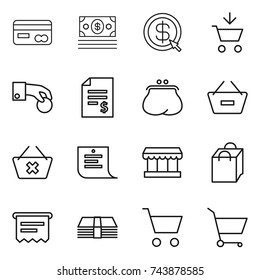 thin line icon set : card, money, dollar arrow, add to cart, hand coin, account balance, purse, remove from basket, delete, shopping list, market, bag, atm receipt