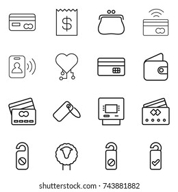 thin line icon set : card, receipt, purse, tap to pay, pass, cardio chip, credit, wallet, label, atm, do not distrub, sheep, please clean