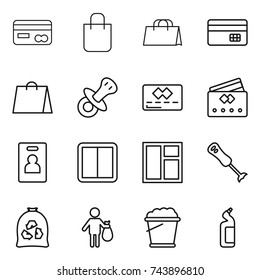 thin line icon set : card, shopping bag, credit, nipple, identity, power switch, window, blender, garbage, trash, foam bucket, toilet cleanser