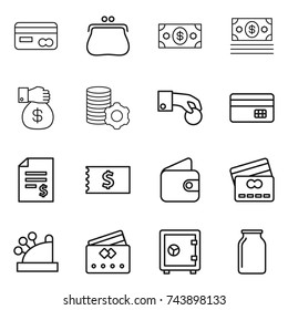thin line icon set : card, purse, money, gift, virtual mining, hand coin, credit, account balance, receipt, wallet, cashbox, safe, bank