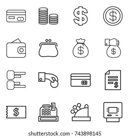 thin line icon set : card, coin stack, dollar, wallet, purse, money bag, gift, diagram, hand, credit, account balance, receipt, cashbox, atm