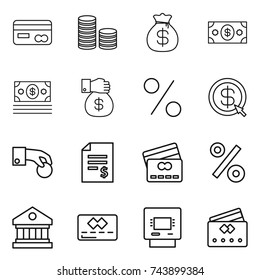thin line icon set : card, coin stack, money bag, gift, percent, dollar arrow, hand, account balance, credit, library, atm