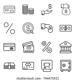 thin line icon set : card, coin stack, investment, money gift, percent, dollar arrow, hand, credit, library, atm, safe