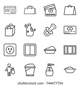 thin line icon set : card, shopping bag, credit, cleanser, nipple, power socket, switch, washing, window, trash, foam bucket, liquid soap, basin