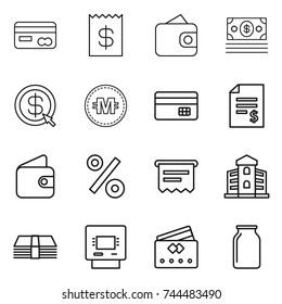 thin line icon set : card, receipt, wallet, money, dollar arrow, crypto currency, credit, account balance, percent, atm, building, bank