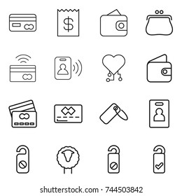 thin line icon set : card, receipt, wallet, purse, tap to pay, pass, cardio chip, credit, label, identity, do not distrub, sheep, please clean