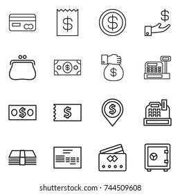 thin line icon set : card, receipt, dollar, investment, purse, money, gift, cashbox, pin, invoice, credit, safe