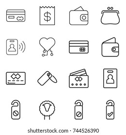 thin line icon set : card, receipt, wallet, purse, pass, cardio chip, credit, label, identity, do not distrub, sheep, please clean