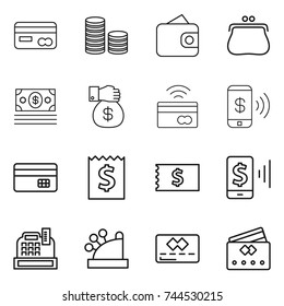 thin line icon set : card, coin stack, wallet, purse, money, gift, tap to pay, phone, credit, receipt, mobile, cashbox