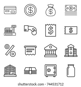 thin line icon set : card, dollar, money bag, cashbox, hand coin, receipt, percent, atm, library, building, office, safe, bank