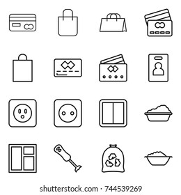 thin line icon set : card, shopping bag, credit, identity, power socket, switch, washing, window, blender, garbage, foam basin