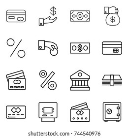 thin line icon set : card, investment, money, gift, percent, hand coin, credit, library, atm, safe
