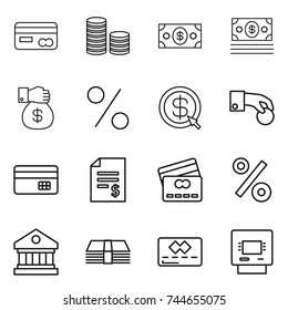 thin line icon set : card, coin stack, money, gift, percent, dollar arrow, hand, credit, account balance, library, atm