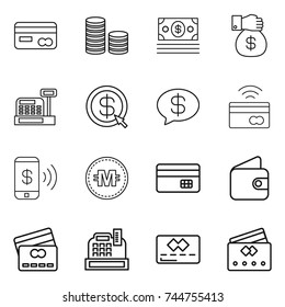 thin line icon set : card, coin stack, money, gift, cashbox, dollar arrow, message, tap to pay, phone, crypto currency, credit, wallet