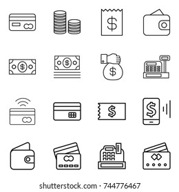 thin line icon set : card, coin stack, receipt, wallet, money, gift, cashbox, tap to pay, credit, mobile