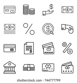thin line icon set : card, coin stack, investment, money, percent, dollar arrow, hand, credit, account balance, library