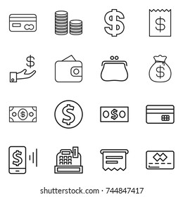 thin line icon set : card, coin stack, dollar, receipt, investment, wallet, purse, money bag, credit, mobile pay, cashbox, atm