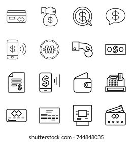 thin line icon set : card, money gift, dollar arrow, message, phone pay, crypto currency, hand coin, account balance, mobile, wallet, cashbox, credit, invoice, atm