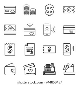 thin line icon set : card, coin stack, dollar, money, tap to pay, phone, credit, receipt, account balance, mobile, wallet, cashbox