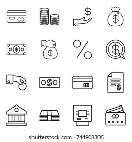 thin line icon set : card, coin stack, investment, money bag, gift, percent, dollar arrow, hand, credit, account balance, library, atm