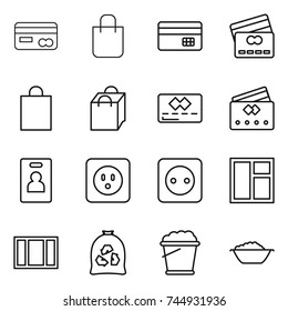 thin line icon set : card, shopping bag, credit, identity, power socket, window, garbage, foam bucket, basin