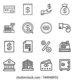 thin line icon set : card, receipt, investment, money bag, cashbox, dollar arrow, crypto currency, hand coin, account balance, percent, library, office, credit, safe