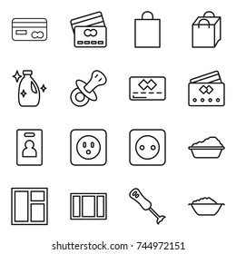 thin line icon set : card, credit, shopping bag, cleanser, nipple, identity, power socket, washing, window, blender, foam basin