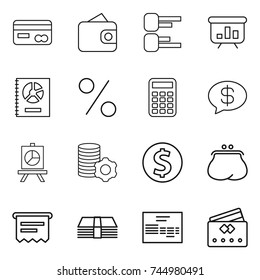 thin line icon set : card, wallet, diagram, presentation, annual report, percent, calculator, money message, virtual mining, dollar coin, purse, atm receipt, invoice, credit