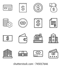 thin line icon set : card, receipt, dollar, money gift, virtual mining, crypto currency, account balance, wallet, cashbox, building, office, credit