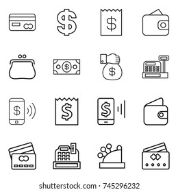 thin line icon set : card, dollar, receipt, wallet, purse, money, gift, cashbox, phone pay, mobile, credit