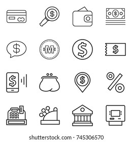 thin line icon set : card, dollar magnifier, wallet, money, message, crypto currency, coin, receipt, mobile pay, purse, pin, percent, cashbox, library, atm